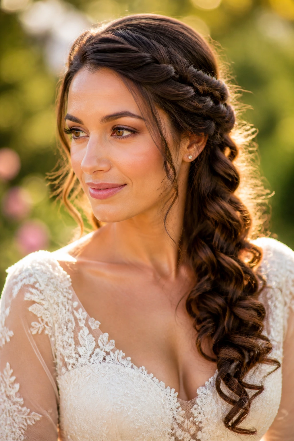 Bride with a side-swept braid flowing into curls over one shoulder