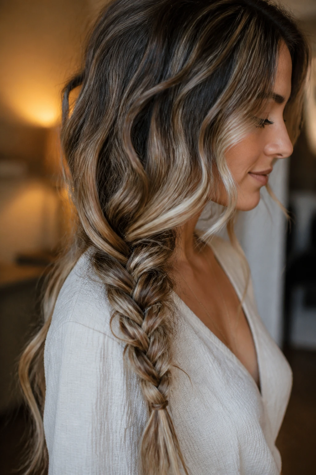 Side-profile of a real woman with a loose braid at the ends and flowing waves