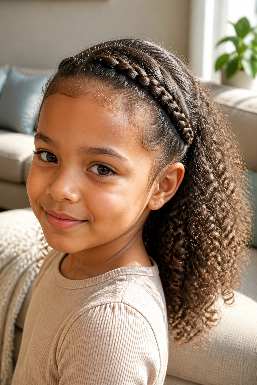 Close-up of a child with a front braid and loose back curls