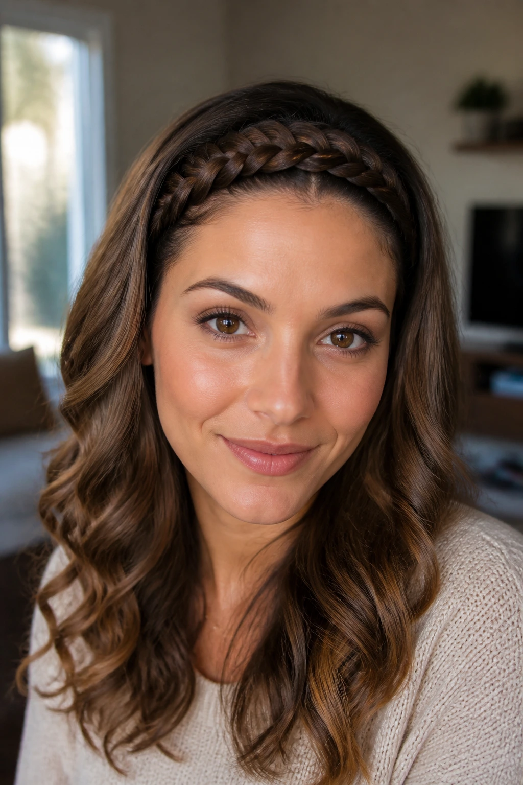 Close-up of braided headband with loose hair on a real person