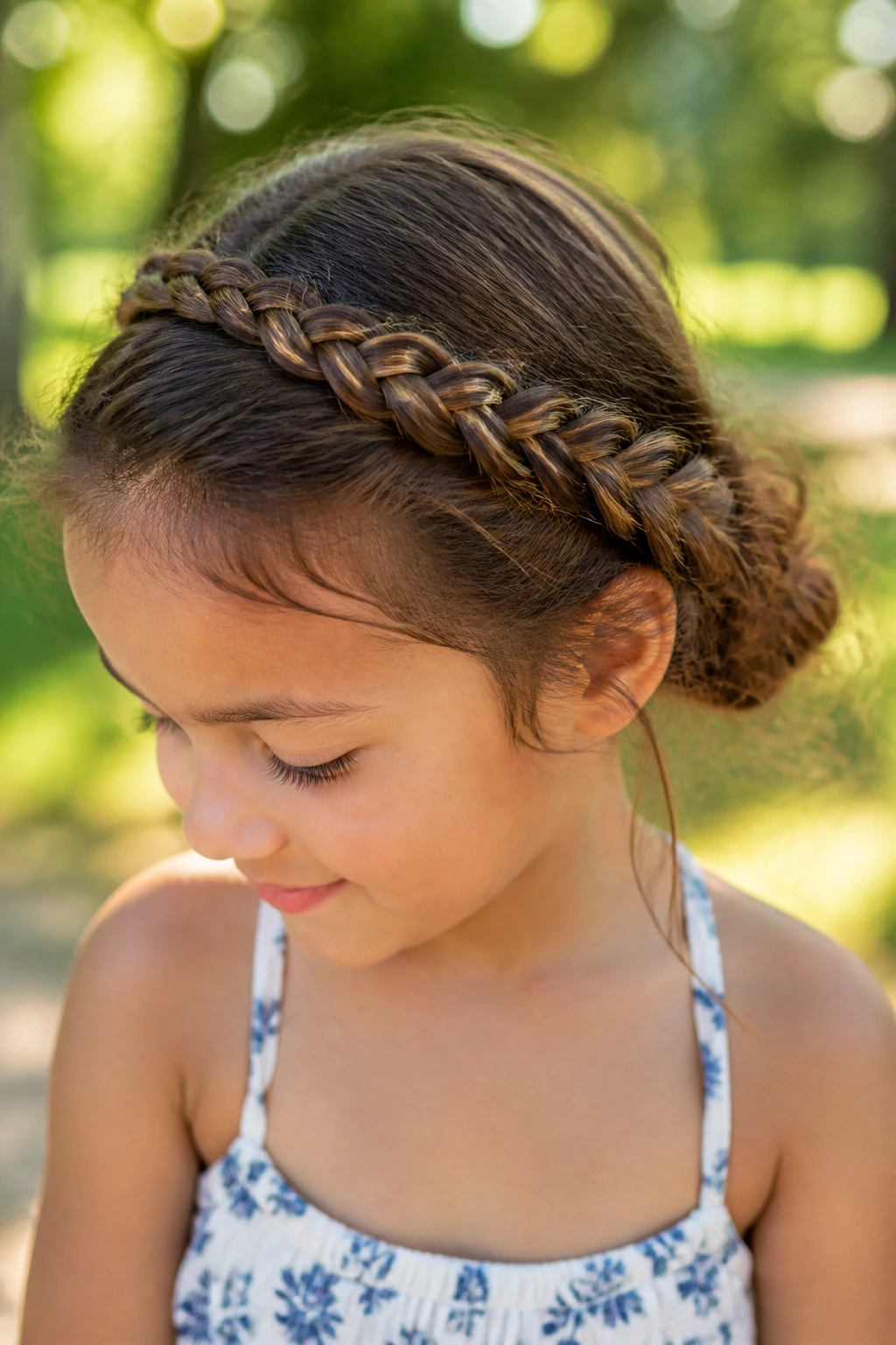 Child with braided headband in a sunny outdoor setting