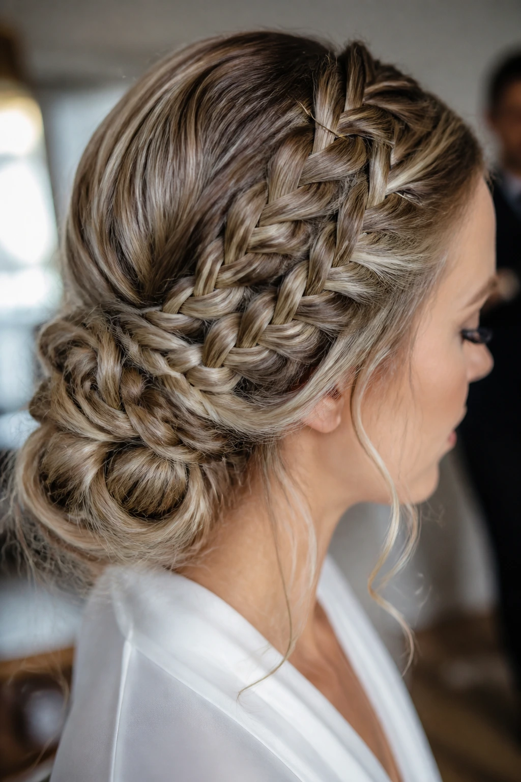 Close-up of a bride's braid with multiple pins securing it to hold its shape.