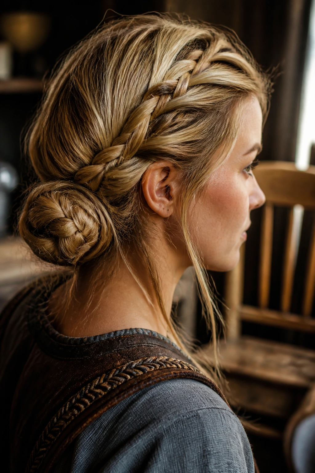 Close-up of a real woman with a braided low knot at the nape under soft window light.
