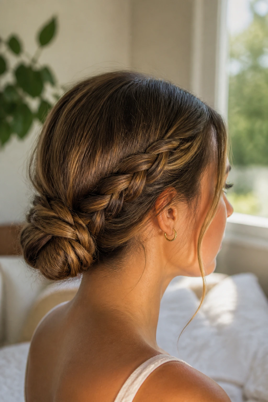 Close-up of a real woman with a low braided bun at the nape in warm bedroom lighting