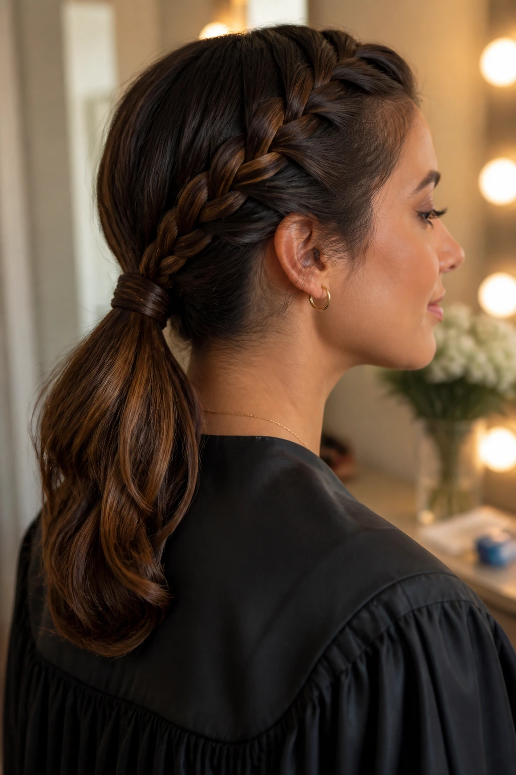 Portrait of a woman with a braided low ponytail under graduation attire
