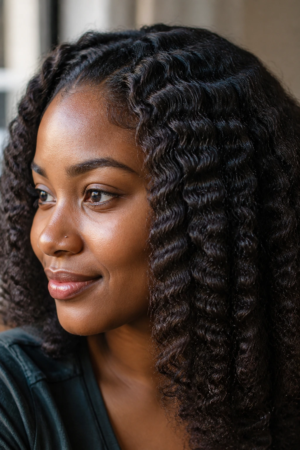 Close-up of real person with braid-out showing crisp wave pattern