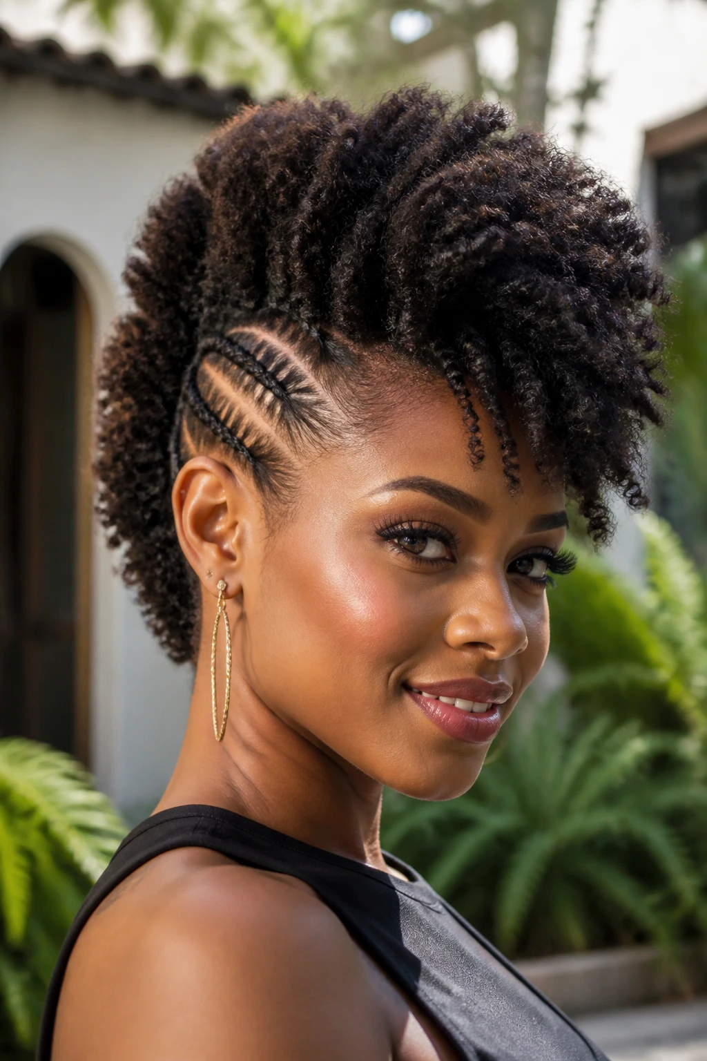 Close-up of a real woman with Braid-Out Frohawk and ropey texture