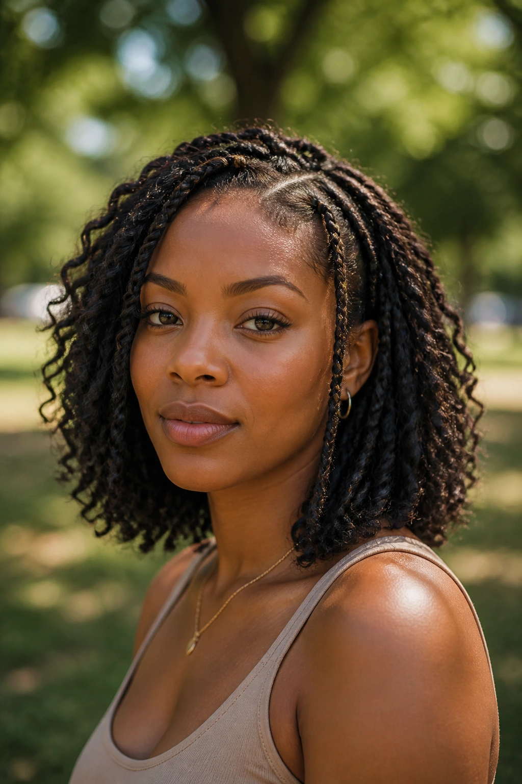 Close-up of a woman with a braid-out lob and tiny accent braids at the front