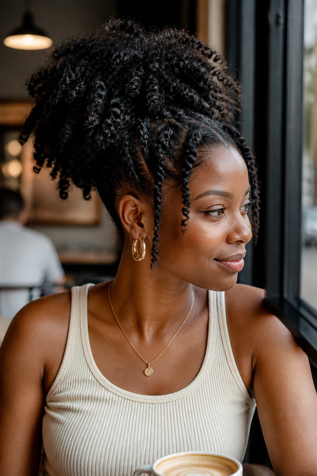 Portrait of a woman with braid-out puff ponytail showing texture in the puff.