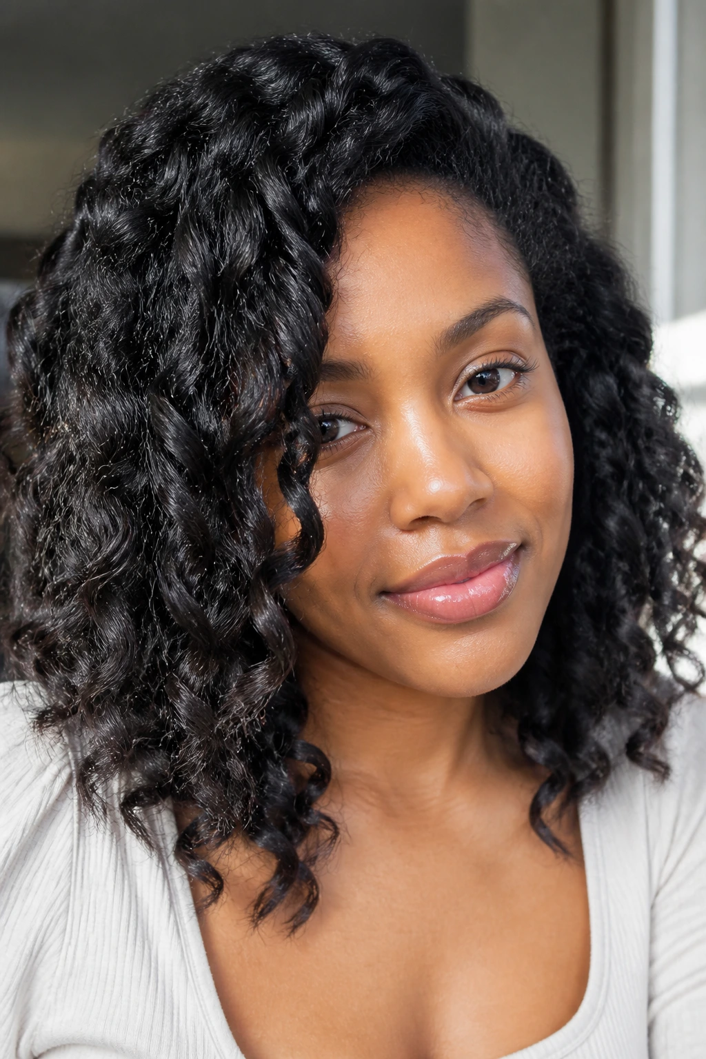 Close-up of a real person with rope-like waves from a braid-out