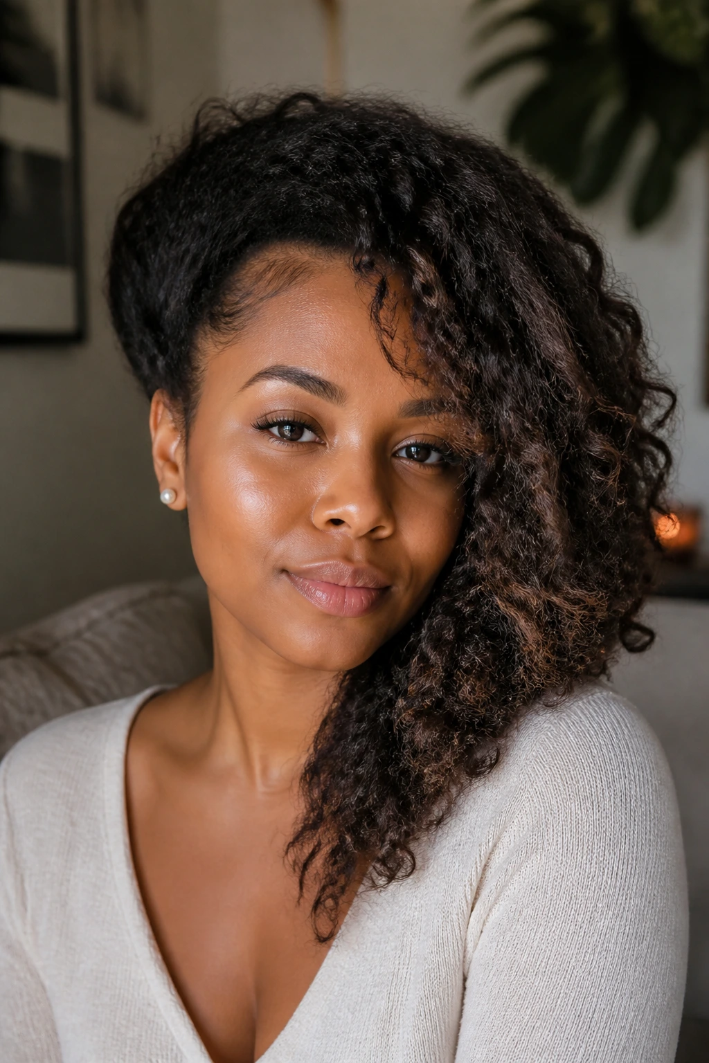 Close-up of a real woman with braid-out side-sweep hairstyle in warm window light