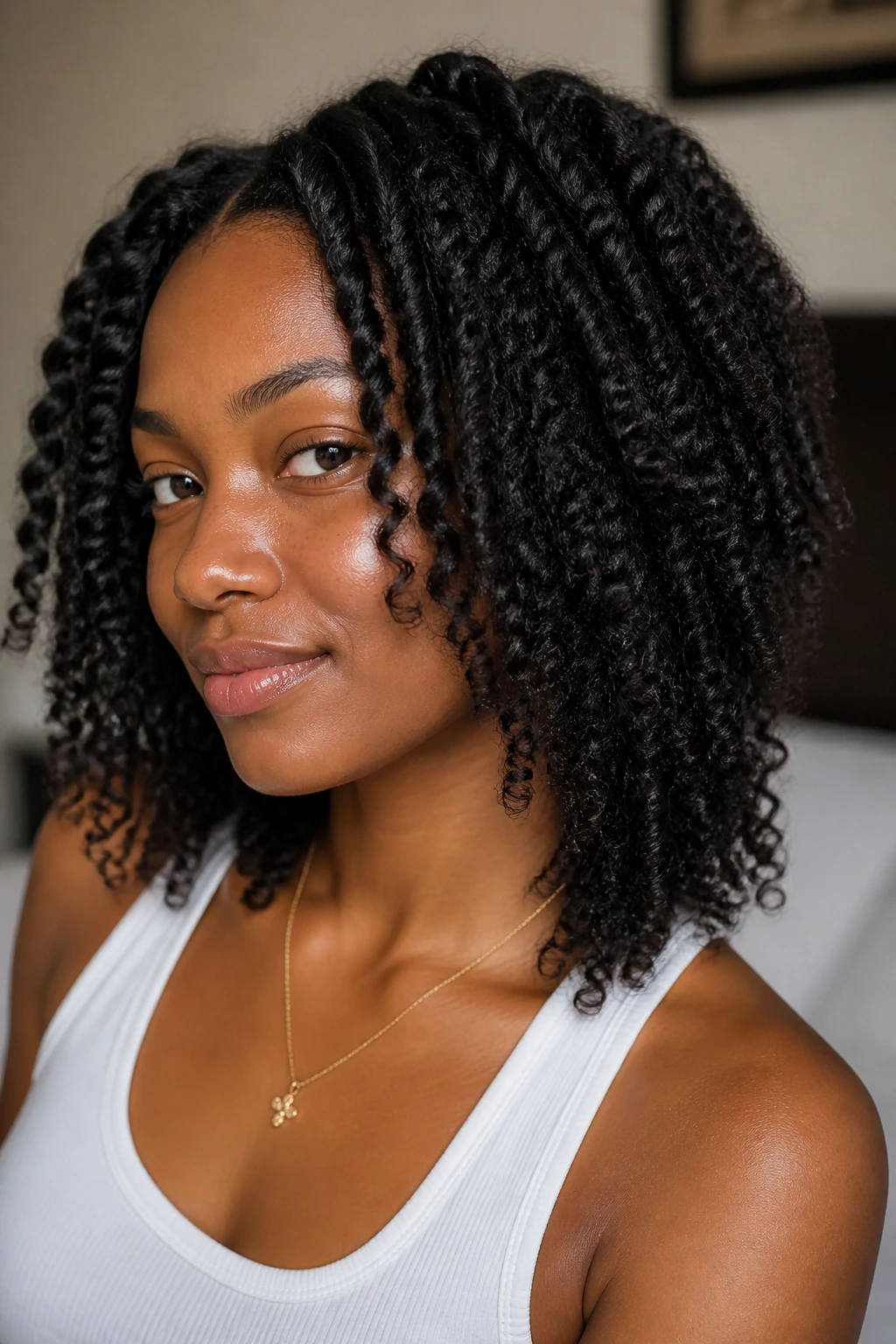Close-up of a stretchy braid-out with soft ends on a real person