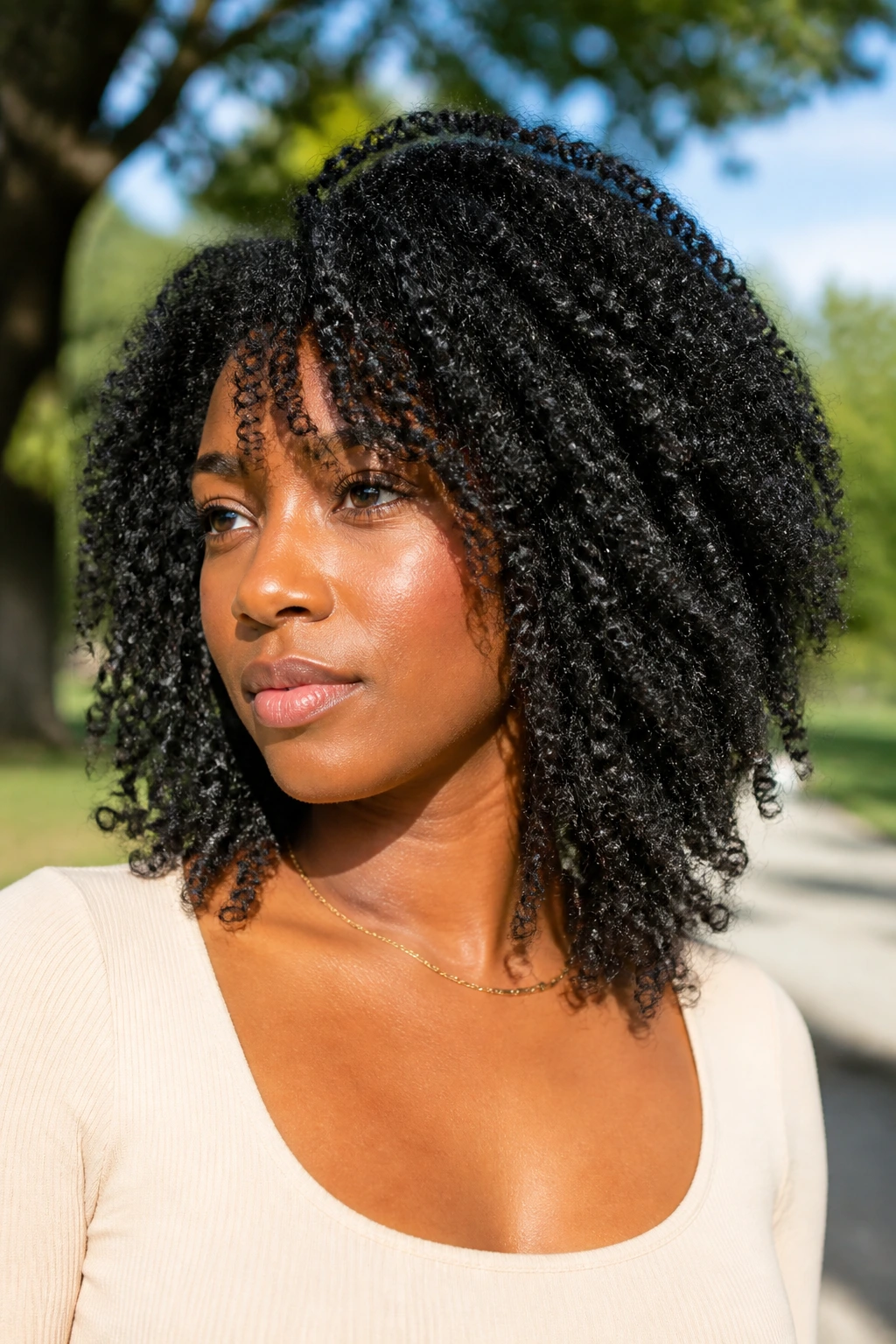 Close-up portrait of a Black woman with a braid-out and stretched ends
