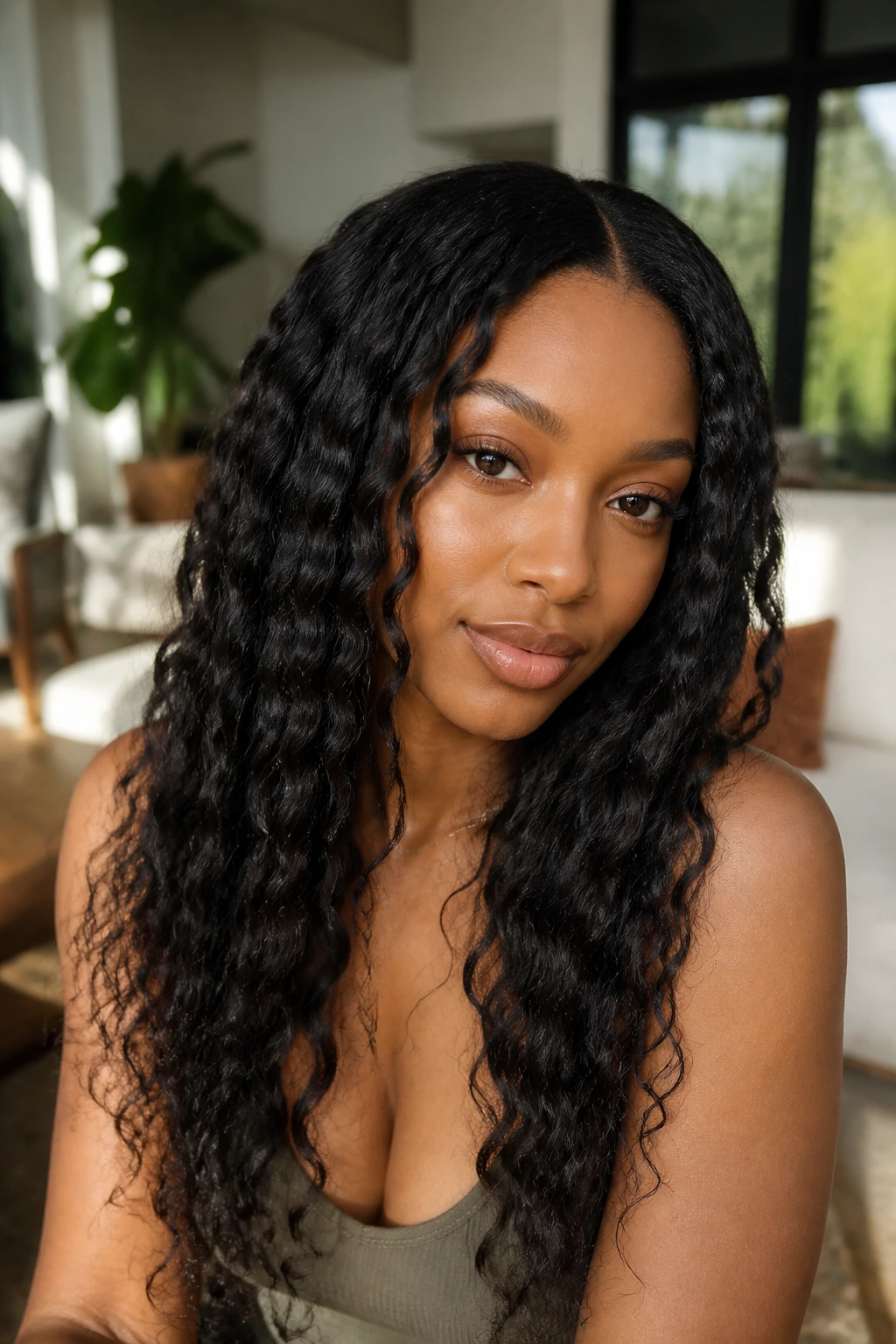Close-up of a real woman with braid-out waves falling in loose ribbons.