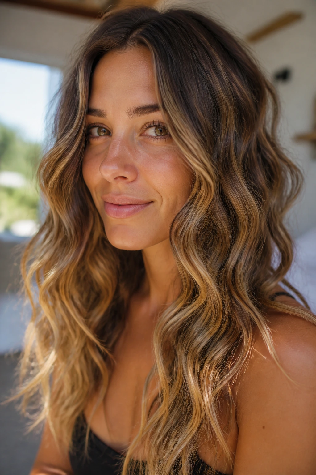 Close-up of a real woman with Vacation Braid-Out Waves featuring relaxed, fluffy waves