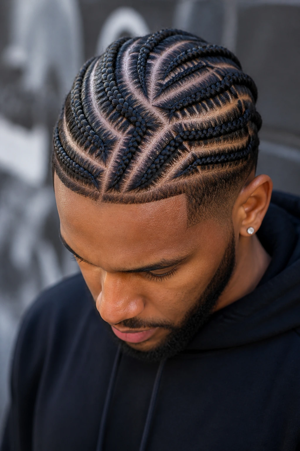 Man's scalp with straight and curved braid patterns