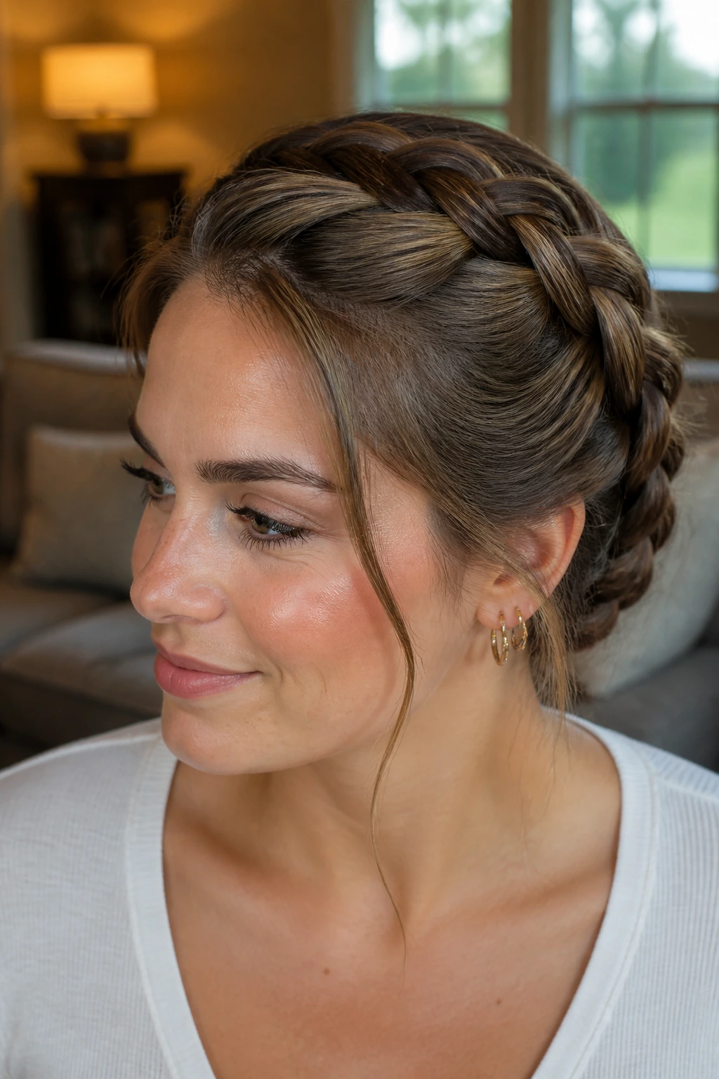 Real woman with a polished braid under warm ambient lighting