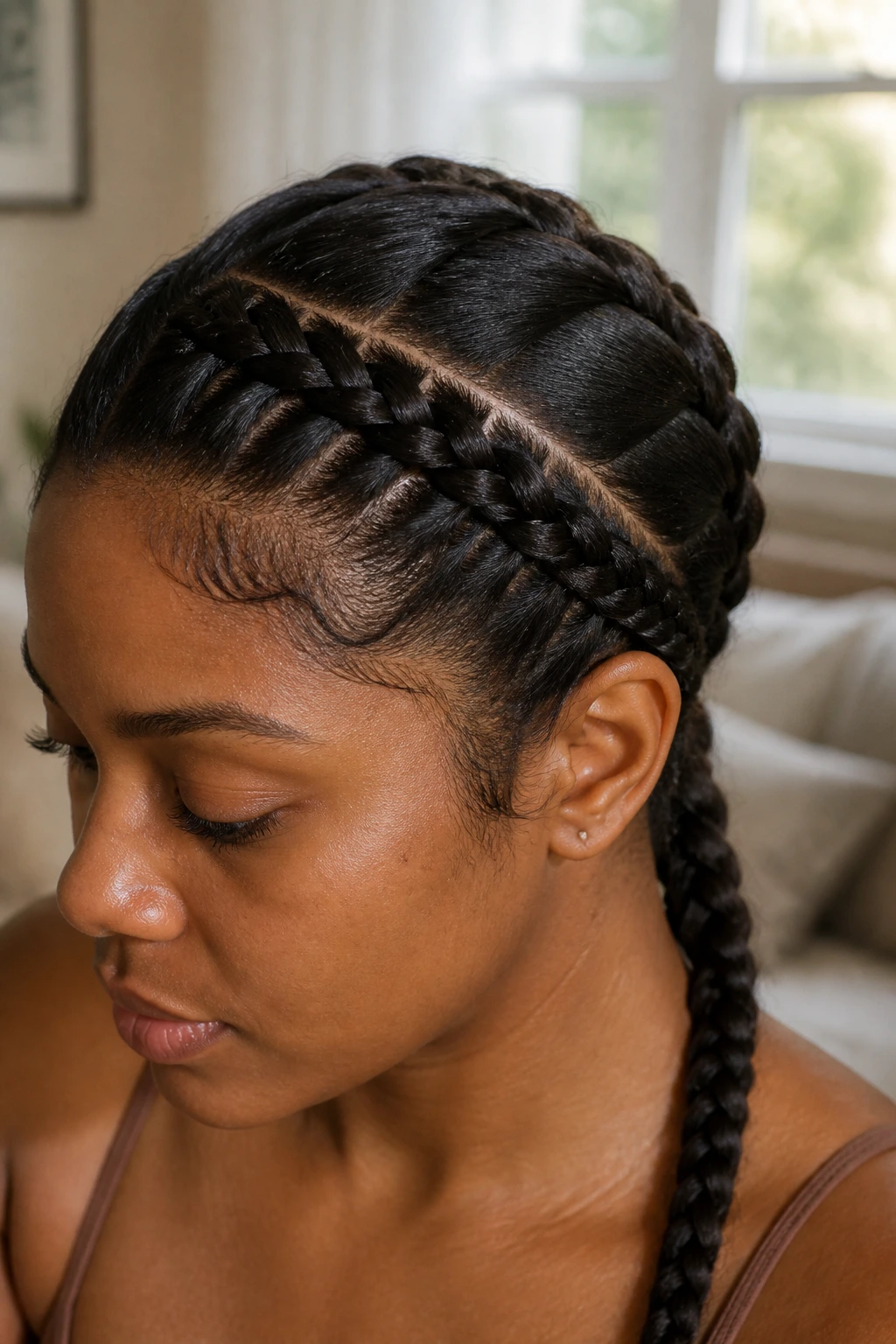 Close-up of a real woman with a French braid filling the frame