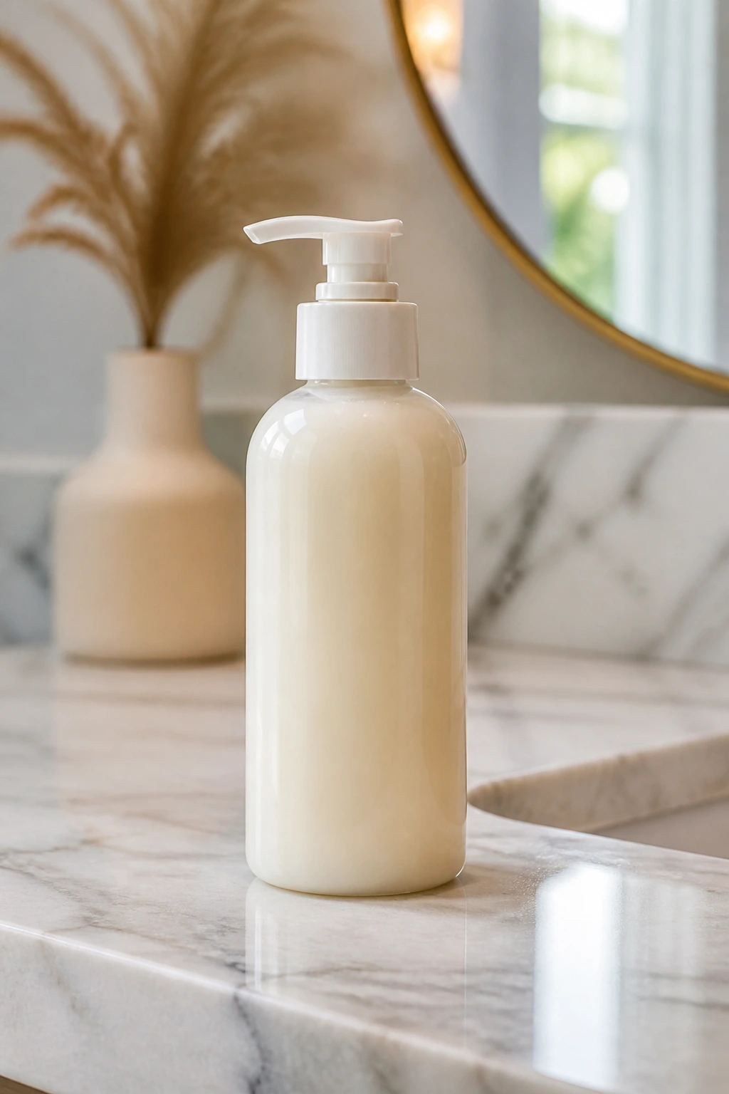 Unlabeled pump bottle for braid products on a bathroom counter