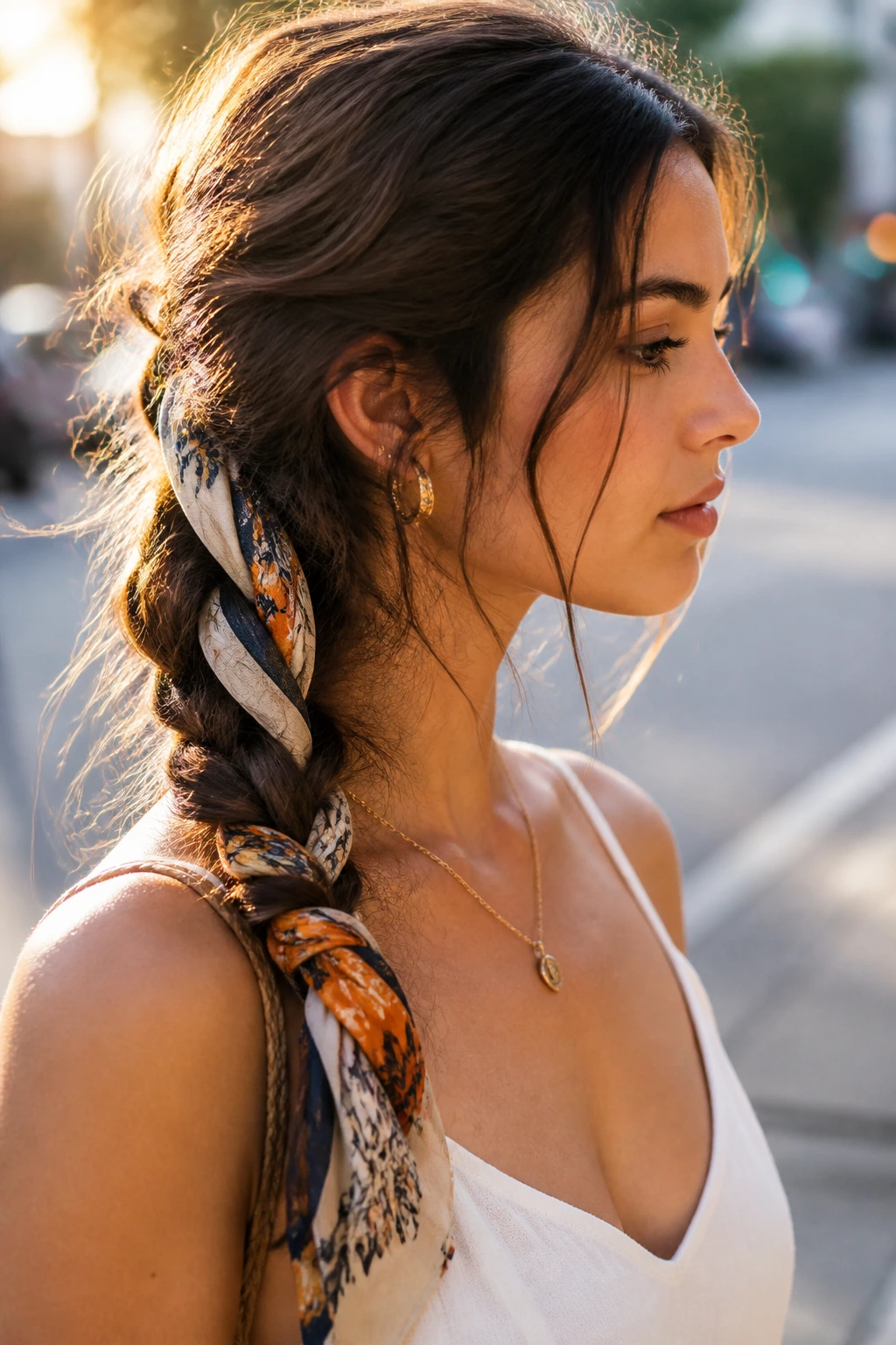 Profile view of a real woman with a messy braid and a scarf