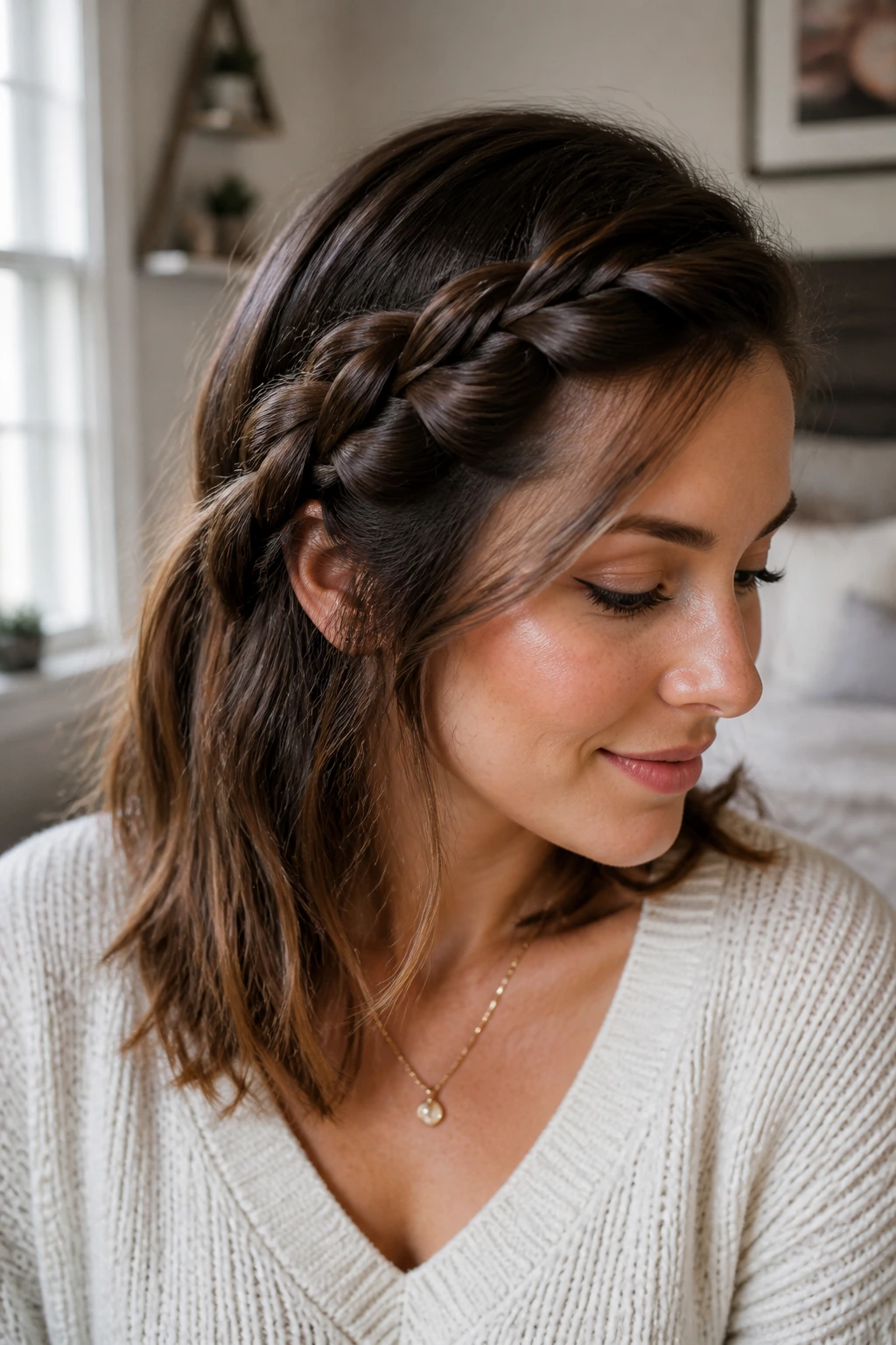 Portrait of a real woman with a side French braid for shoulder-length hair