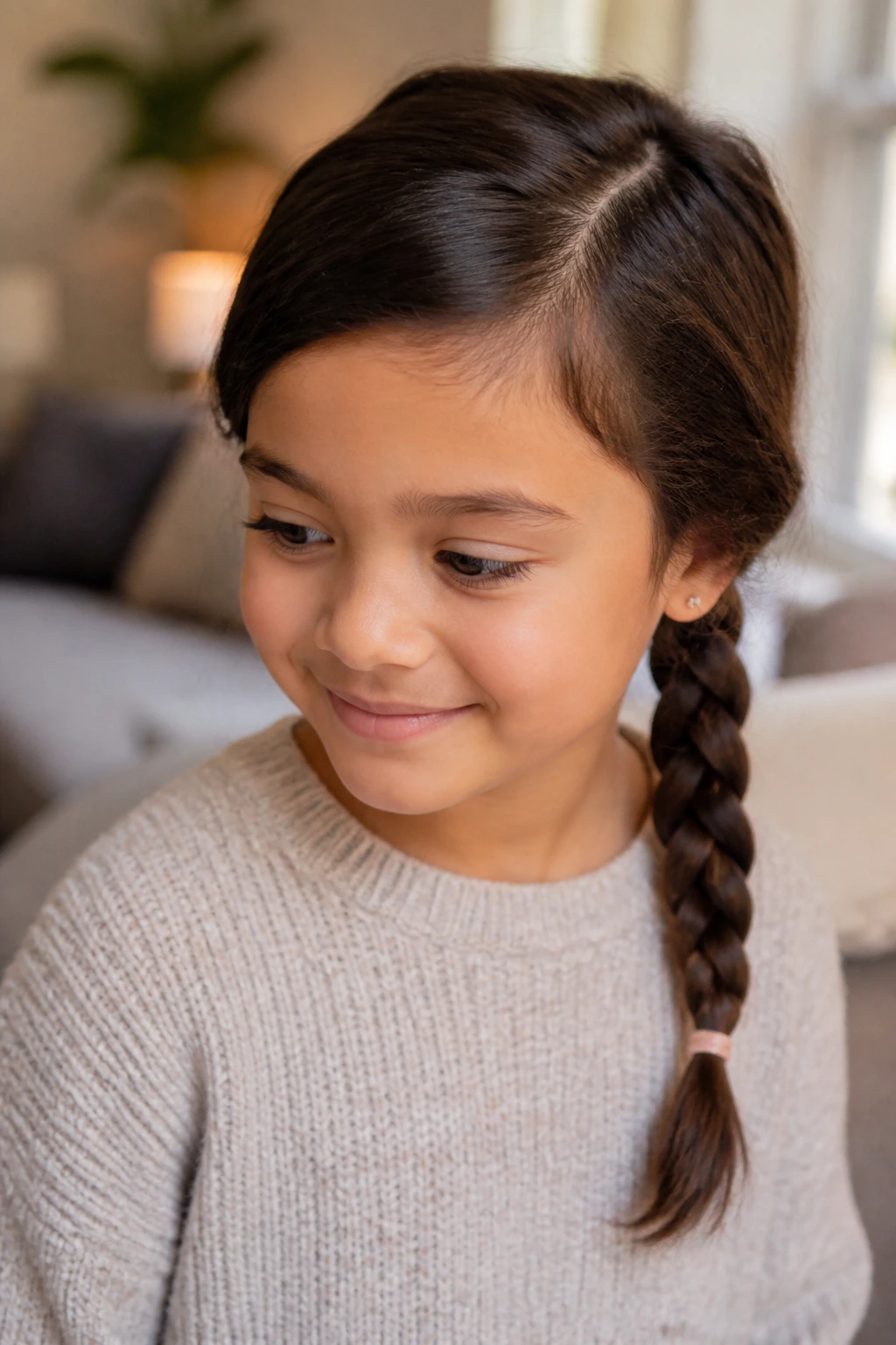 Child with a simple side braid in a home setting