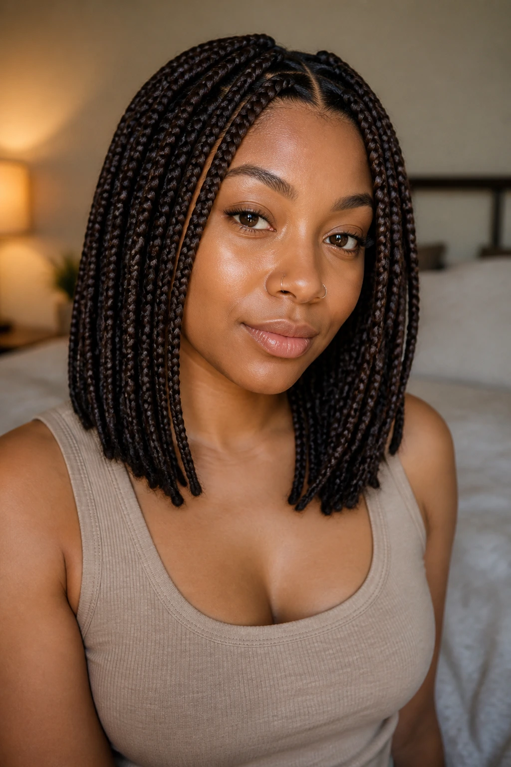 Close-up of a real woman with shoulder-length box braids showing comfortable size and length.