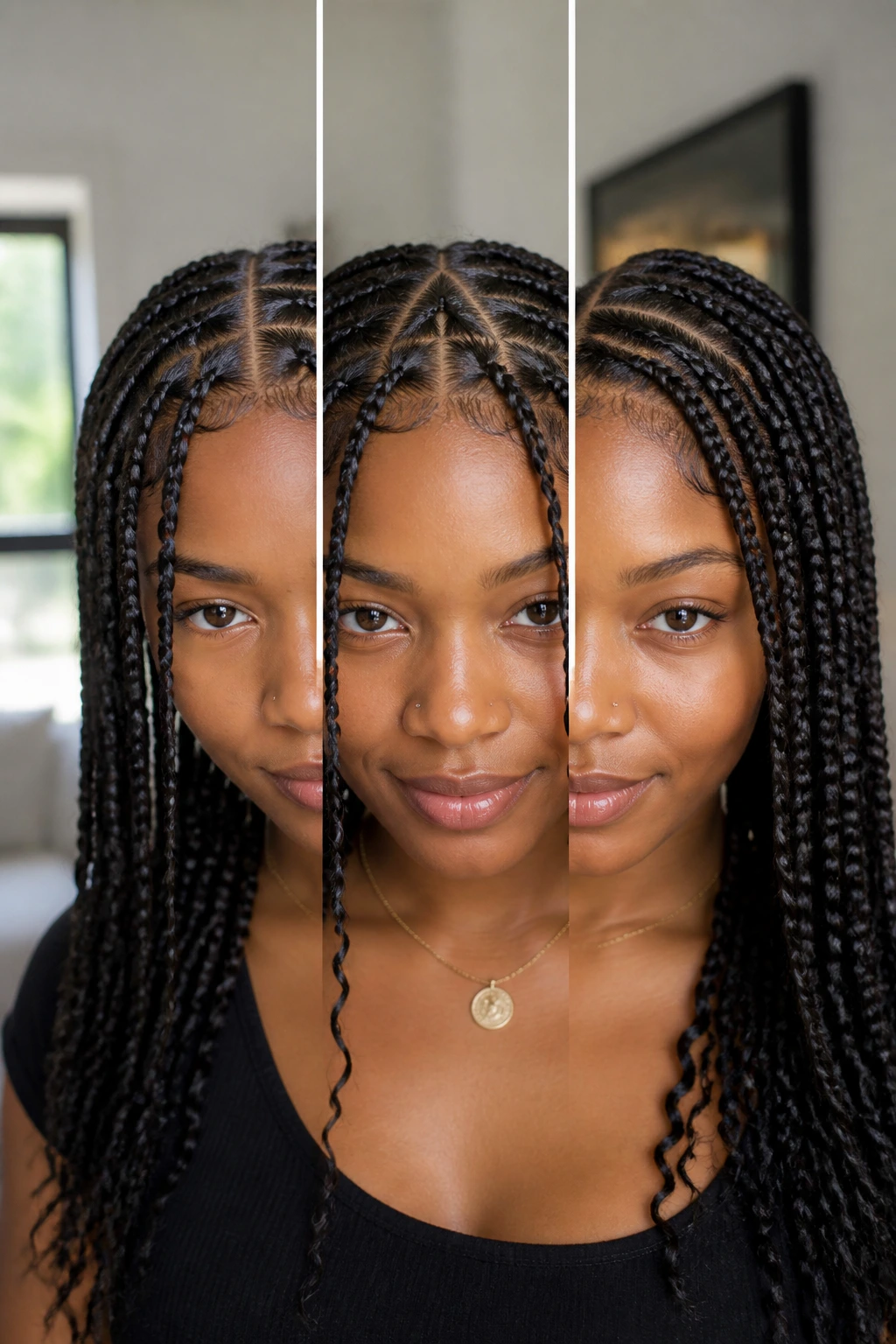 Head-and-shoulders portrait showing square, triangle, and side braid parts on a real person