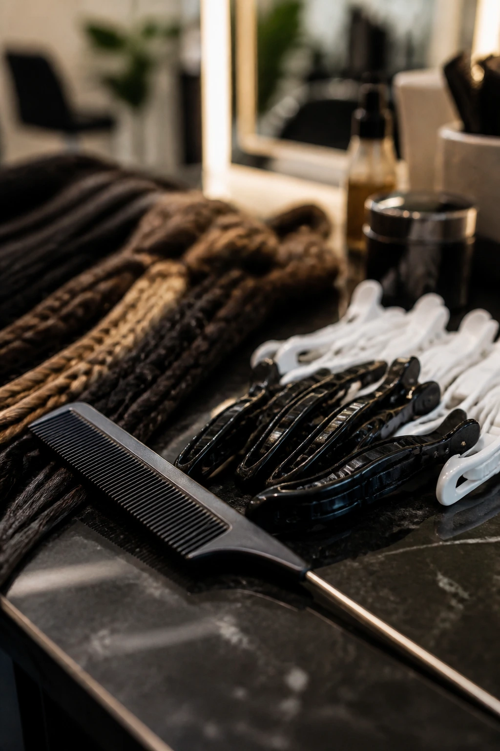 Close-up of rat-tail comb and sectioning clips on a vanity