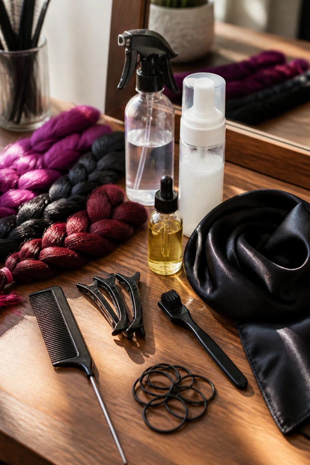 Close-up still-life of braided hair tools arranged on a vanity