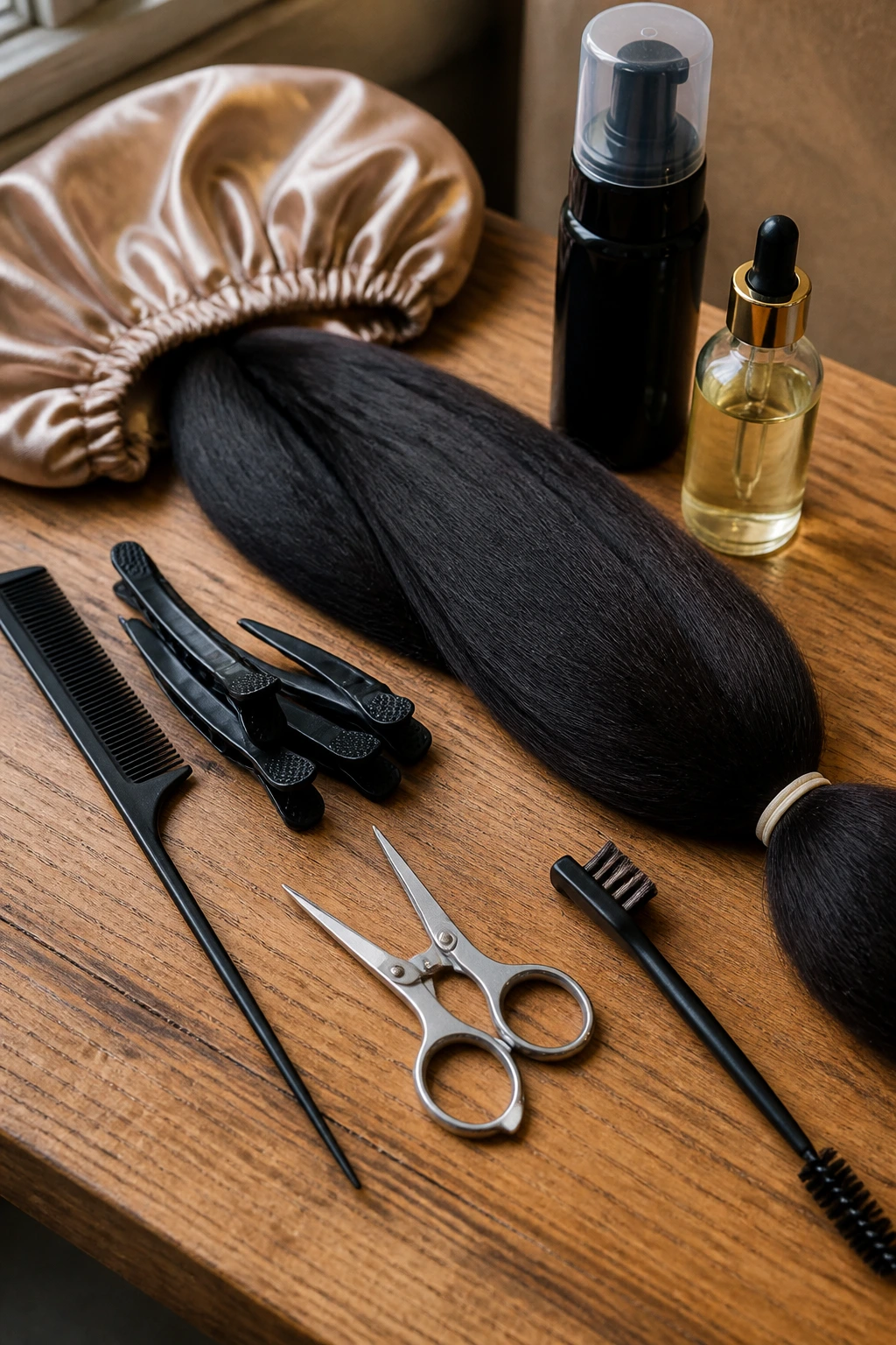Close-up of braiding tools laid out for box braids on a wooden table