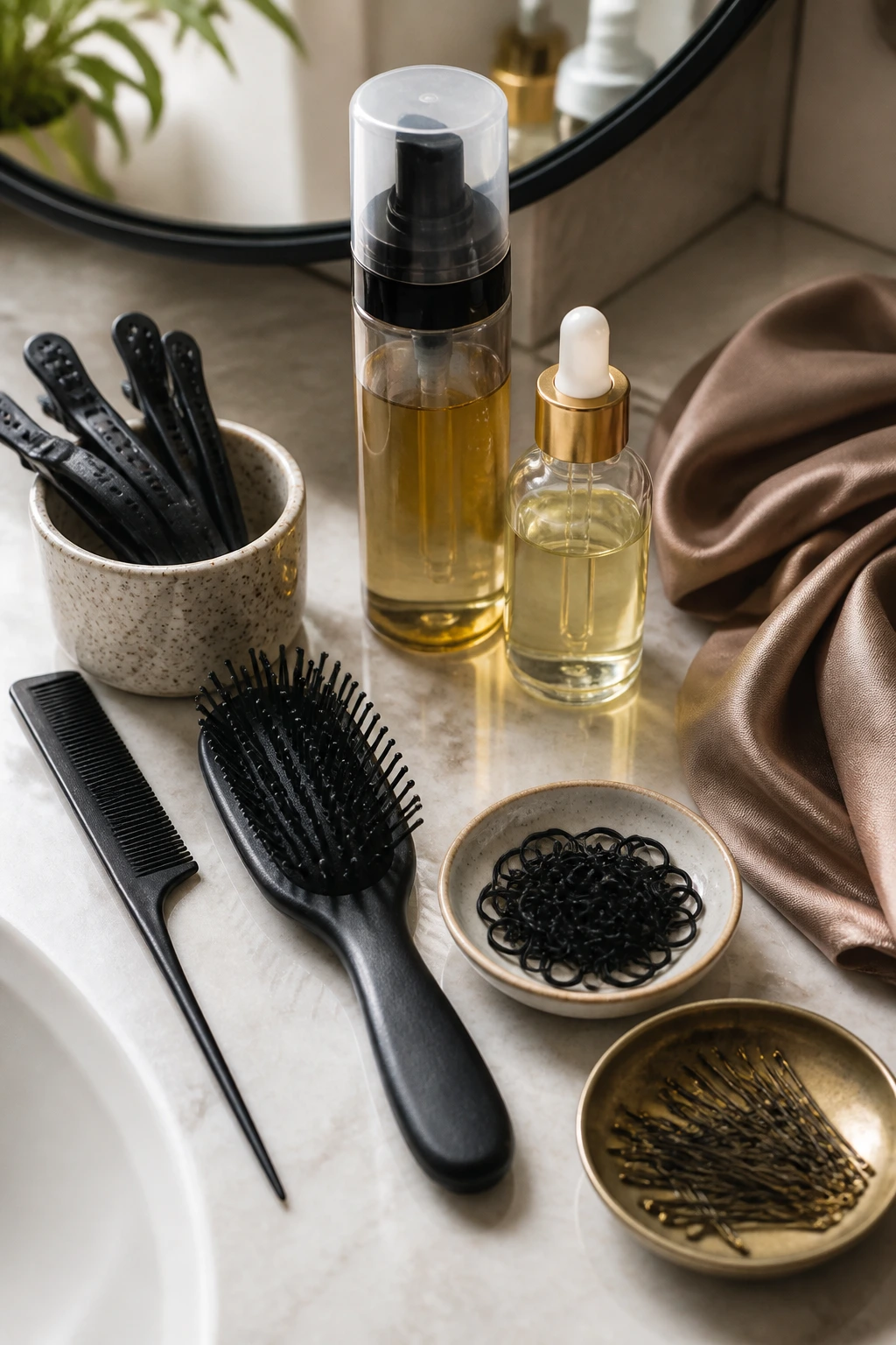 Close-up of essential Dutch braid tools arranged on a vanity