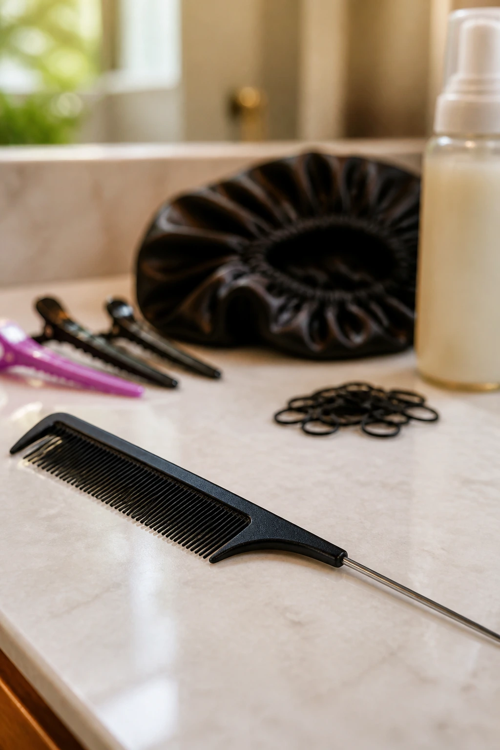 Close-up of a rat-tail comb and essential hair tools for box braids on a vanity