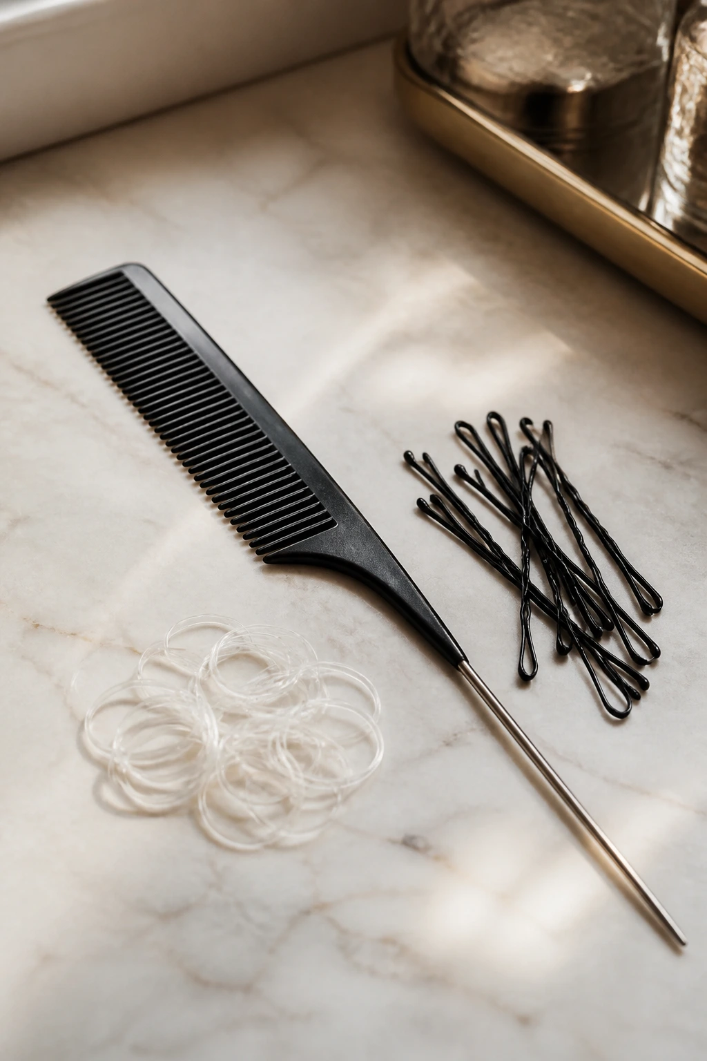 Close-up of rat-tail comb, elastics, and grippy bobby pins for braids
