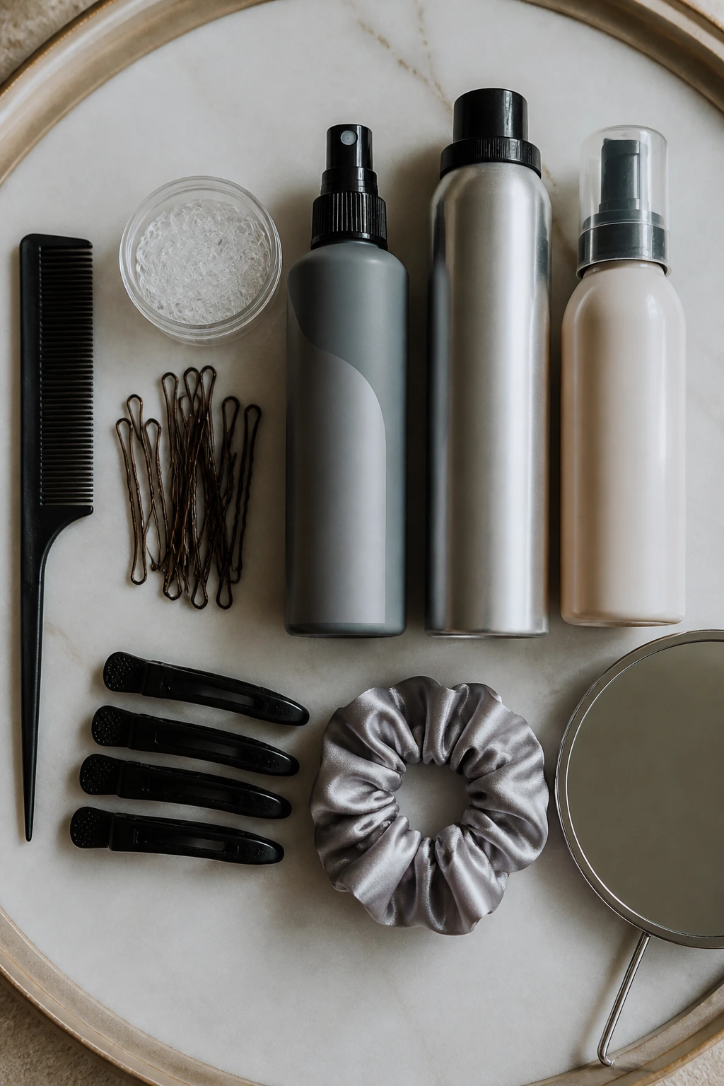 Assorted braiding tools arranged neatly on a surface