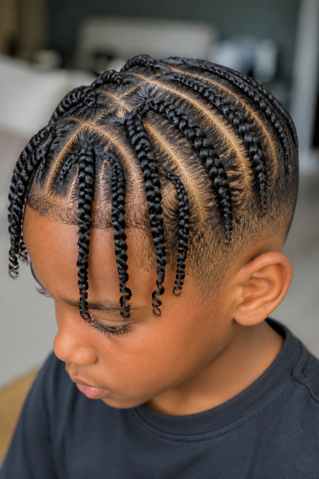 Close-up of a real boy with a braid transitioning into twists at the ends