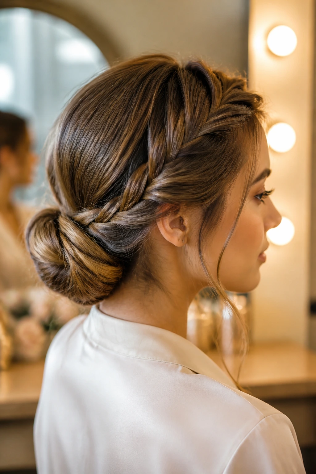Close-up of woman with textured front in a low bun showing braid twist.