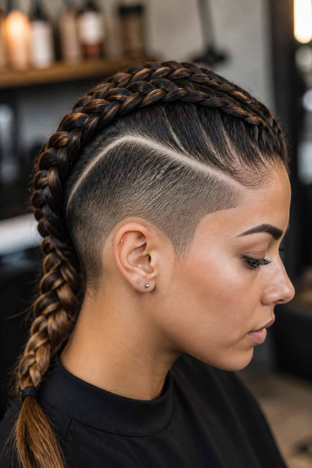 Close-up of a real person with a shaved braid-pattern undercut and a braid sitting over the path in a salon.
