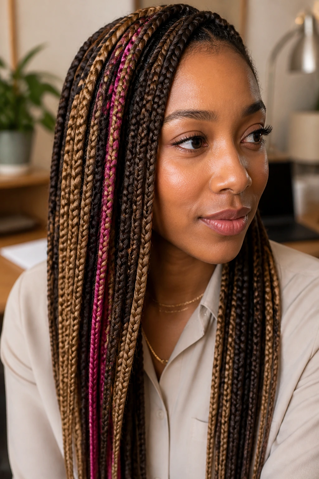 Portrait of a person with multi-tone braids showing variations