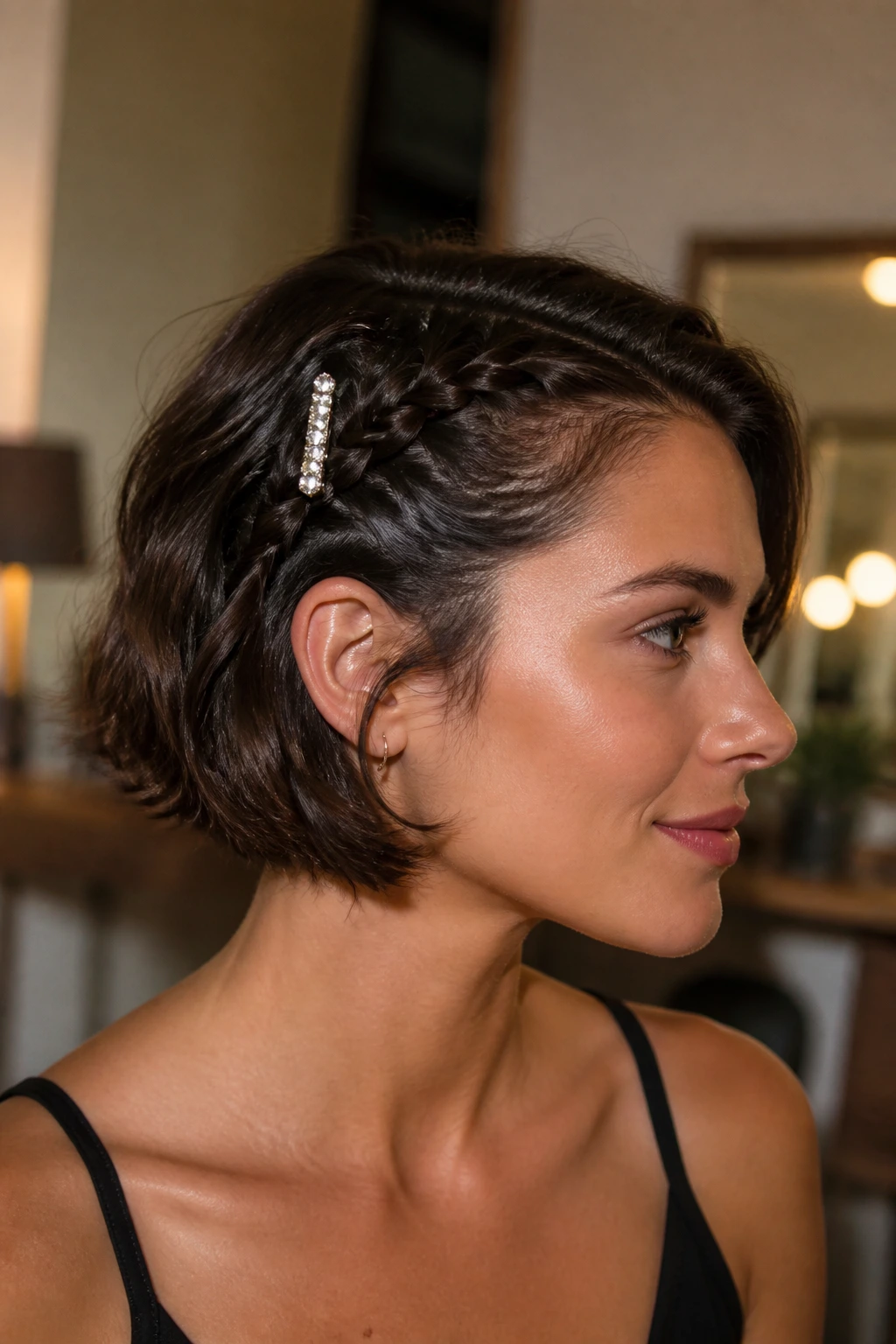 Person with side braid featuring a single barrette accessory