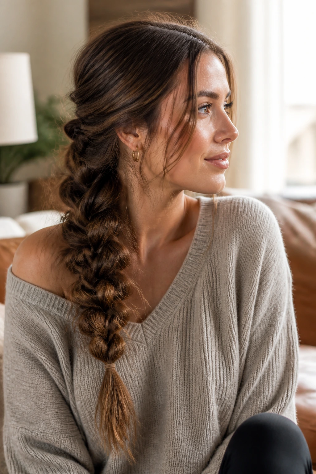 Medium close-up of a real woman with a softly loosened weekend braid in a cozy living room
