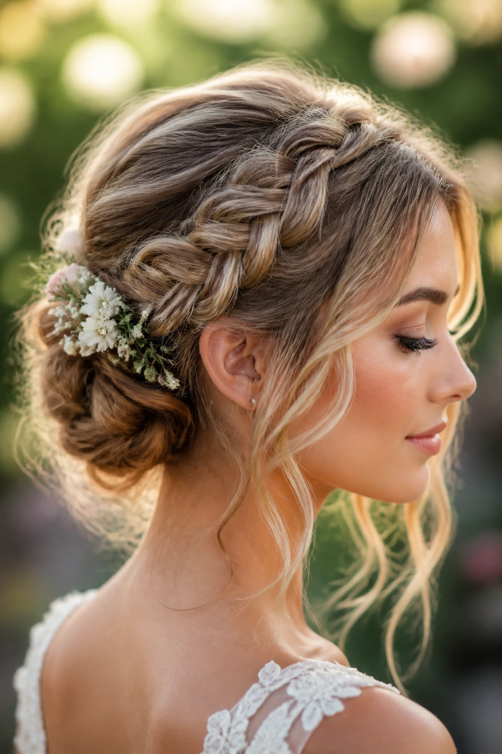 Bride with soft garden braid and floral pins