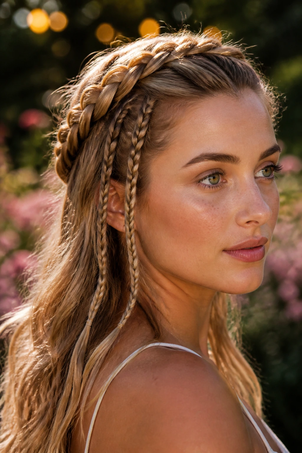 Close-up of a real person with crown Dutch braid and side braids outdoors