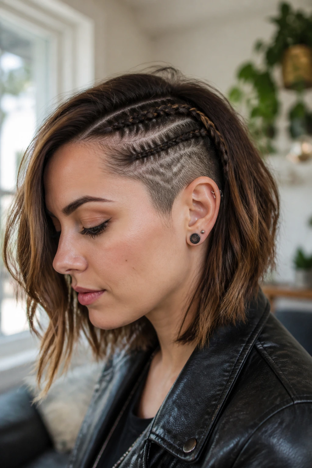 Close-up portrait of a real person with braidable punk lob and hidden shave, shoulder-length top.
