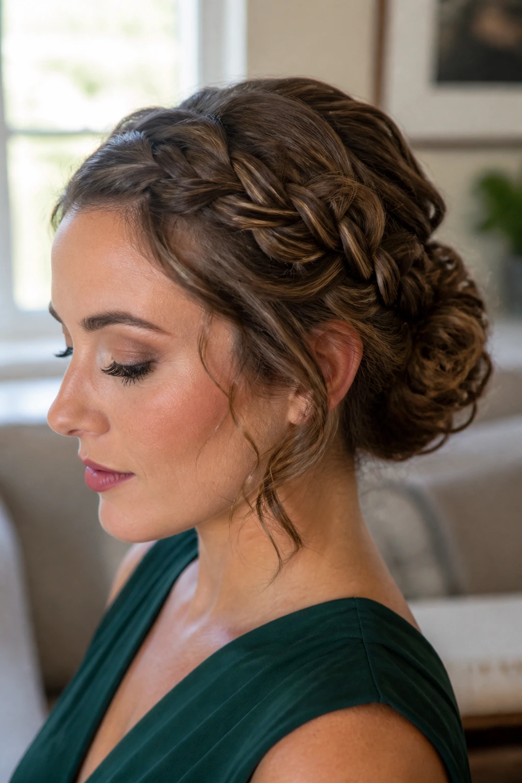 Close-up of a real person with braided accent swept into a low chignon