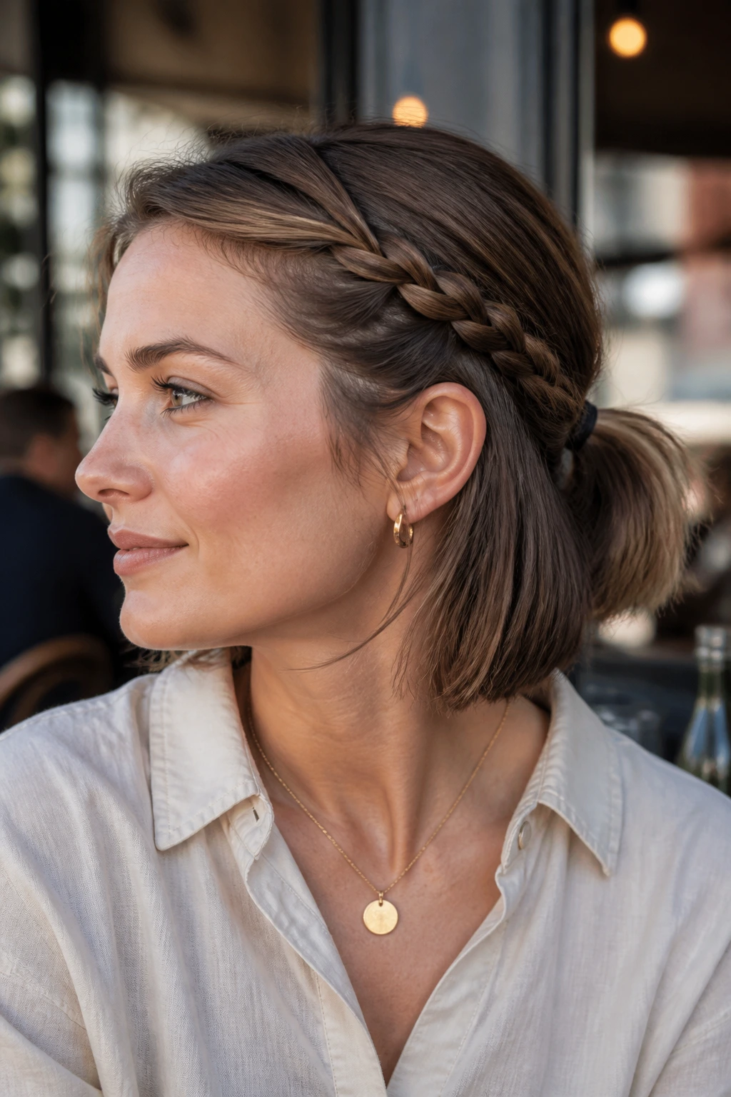 Close-up of a real woman with a braided accent pony at temple