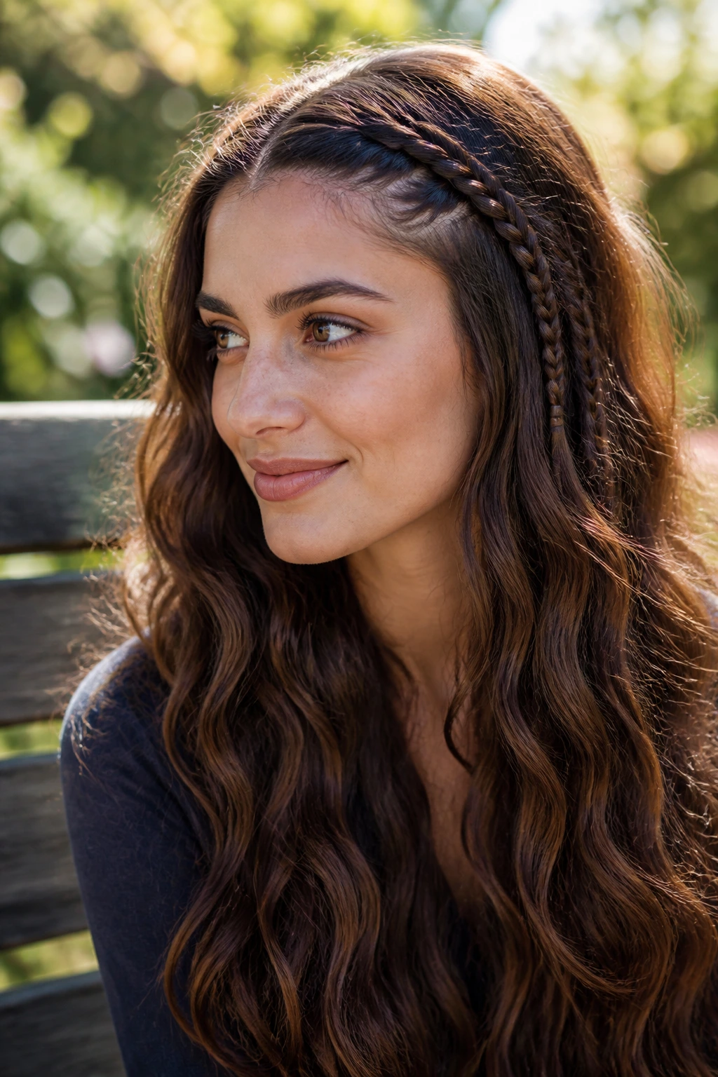 Close-up portrait of a real woman with long waves and a braided accent at the hairline.