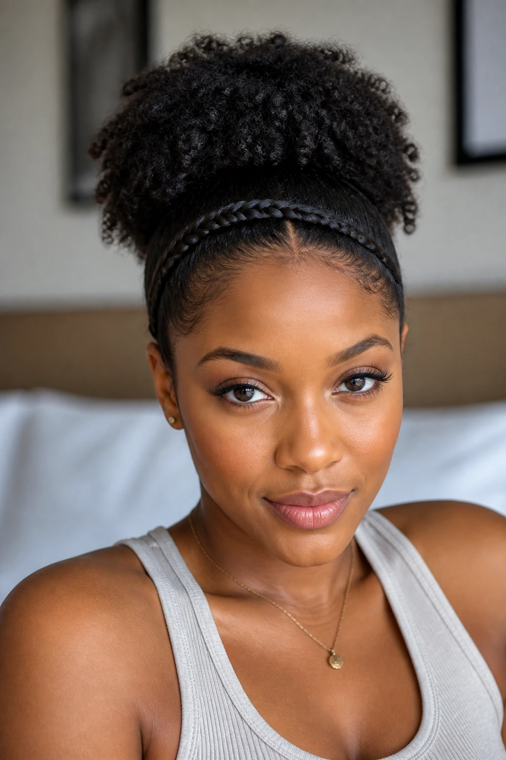 Close-up portrait of a real woman with a braided-band puff hairstyle