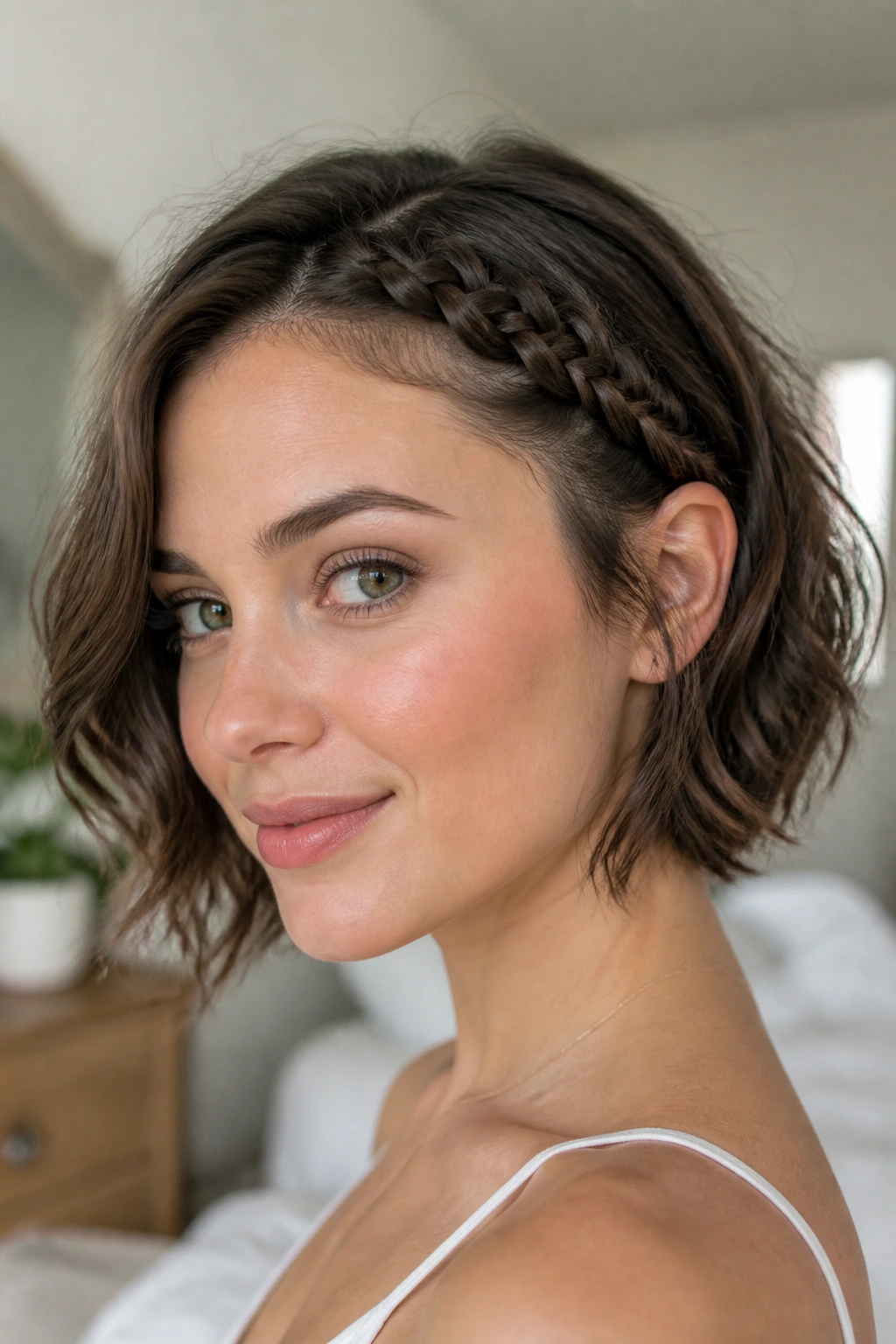 Close-up of a real woman with a braided bang accent along the front hairline