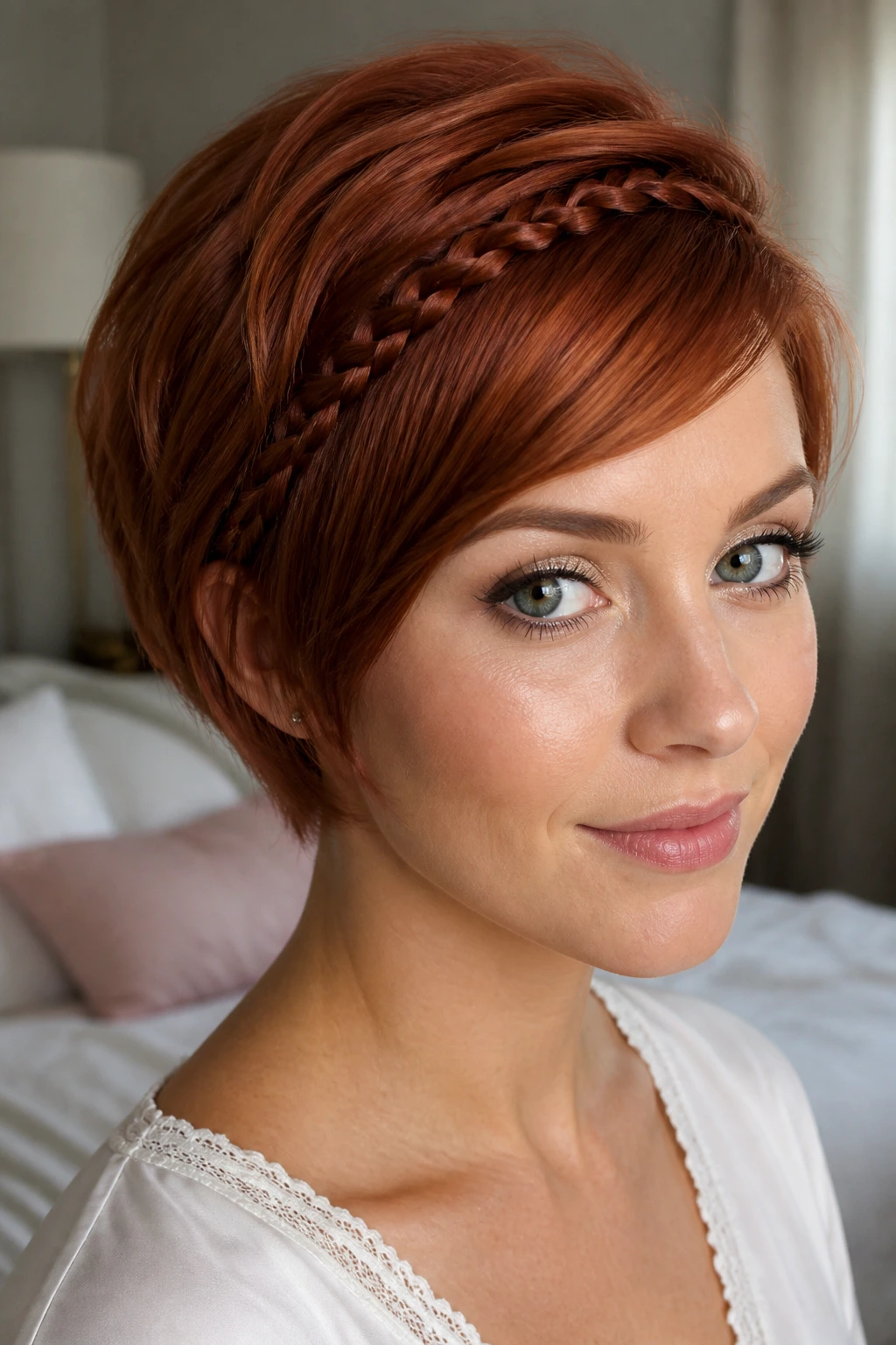 Close-up of a real woman with a braided bang accent on a short red hairstyle.